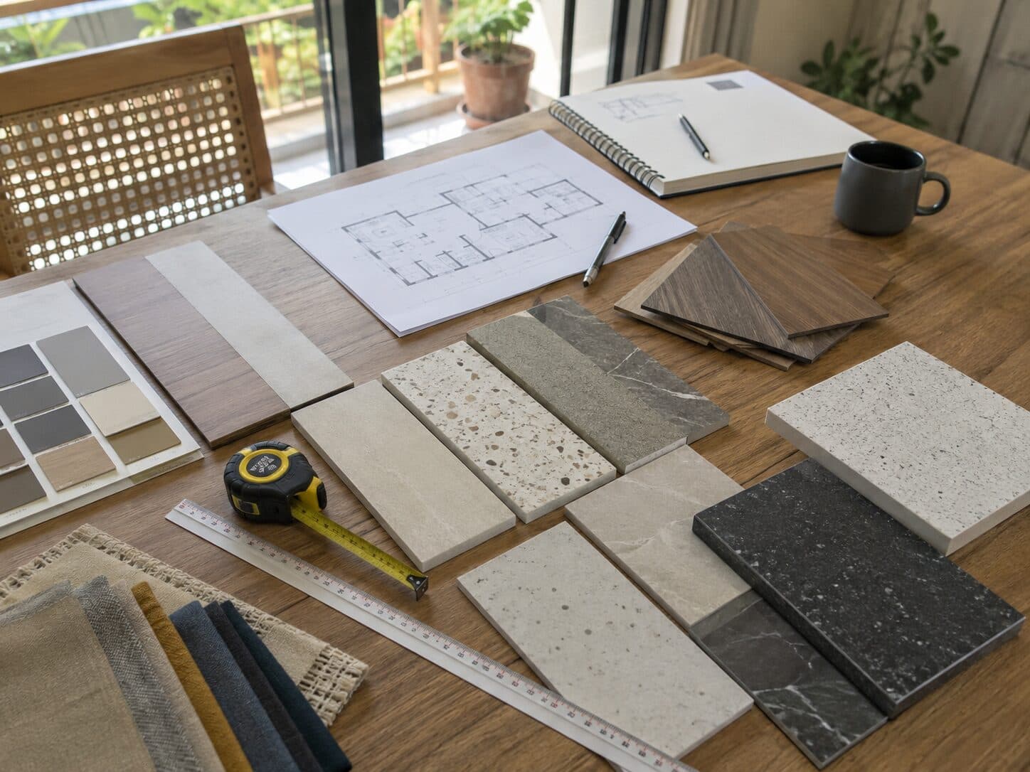Renovation material samples with measuring tape