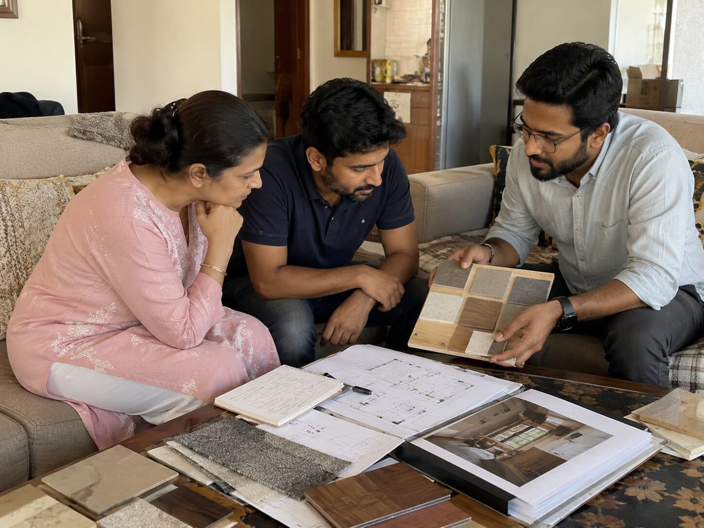 Homeowner reviewing a renovation plan before speaking to a contractor