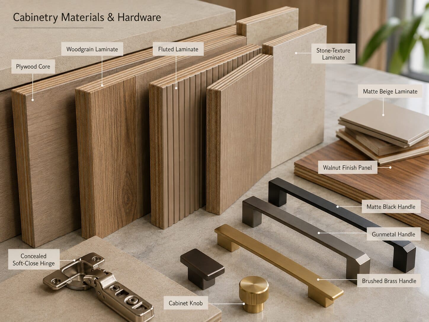 Cabinet material samples for renovation planning