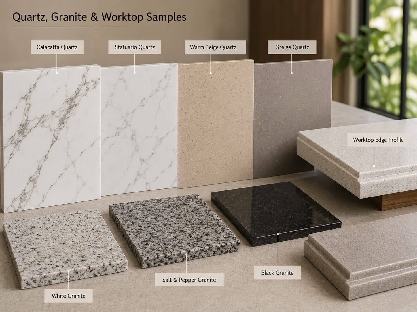 Quartz and granite countertop samples